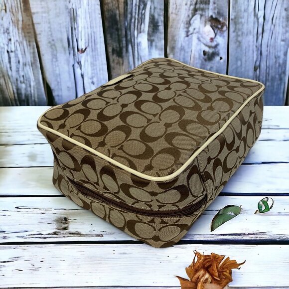COACH Signature Cosmetics Toiletries Travel Bag Brown & Khaki Canvas & Leather - Picture 6 of 13
